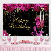 Toile de fond de joyeux anniversaire à paillettes dorées florales rose vif